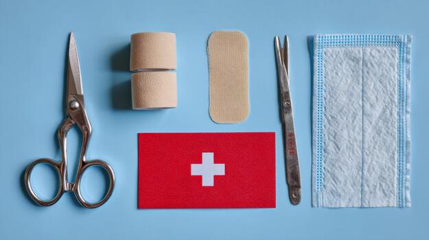 un primero ayuda equipo diseño presentando tijeras, vendajes, un gasa mascarilla, y un suizo cruzar emblema, simbolizando cuidado de la salud y seguridad. foto