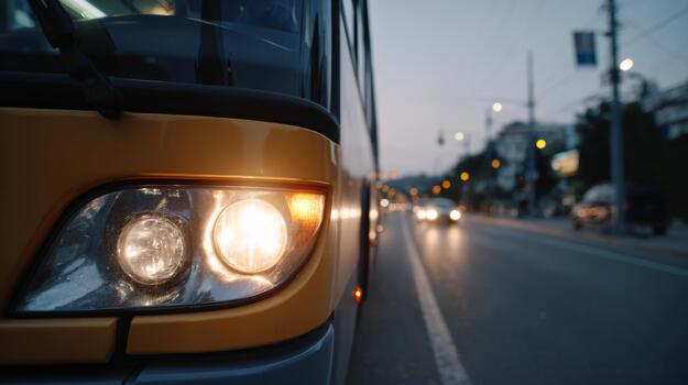 A close-up of a bus headlight glowing at dusk, with blurred traffic in the background, conveying a sense of urban transportation. photo