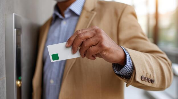 A mature man wearing a beige blazer uses a card to access a modern entry system, showcasing security technology. photo