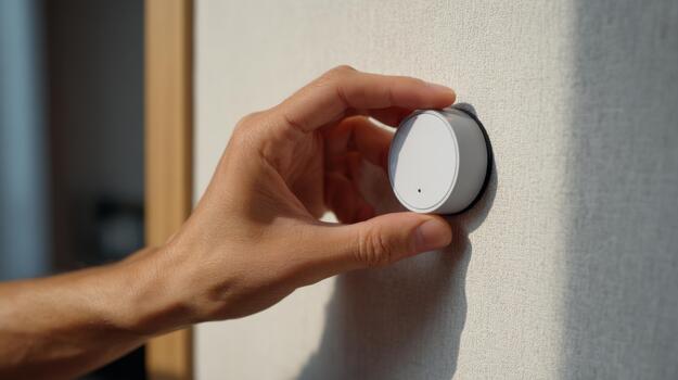 A close-up of a hand adjusting a modern wall-mounted smart home device, emphasizing user-friendly technology. photo