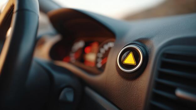 Close-up view of a car dashboard with a hazard lights button illuminated during sunset, showcasing warm tones. photo