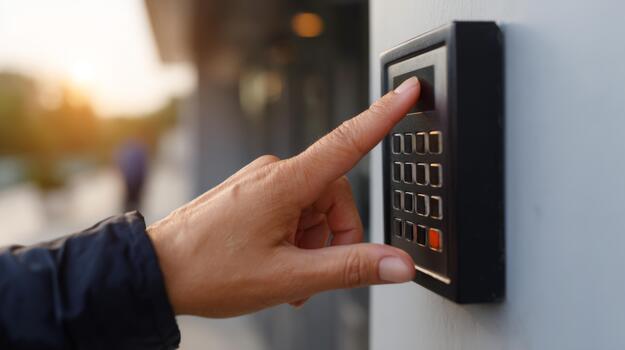 A person interacts with a keypad, entering a security code to access a building in the evening light. photo