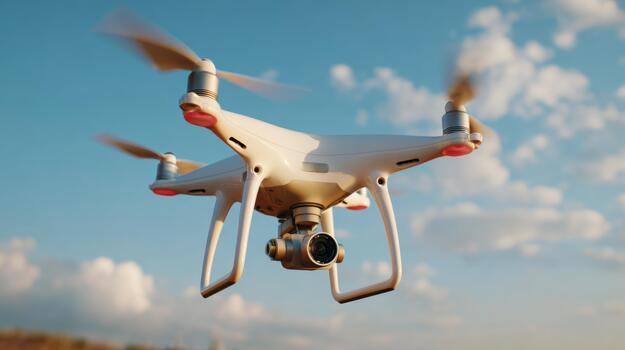 A white drone is captured mid-flight against a backdrop of blue sky and fluffy clouds, showcasing its high-tech design. photo