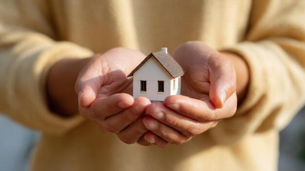 A person holding a small model house, symbolizing home ownership, warmth, and security, with soft lighting enhancing the mood. photo