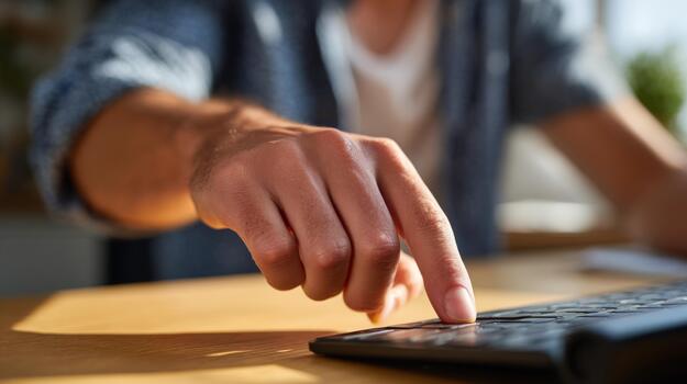 Close-up of a male hand pressing a button on a calculator in a bright, modern workspace. photo