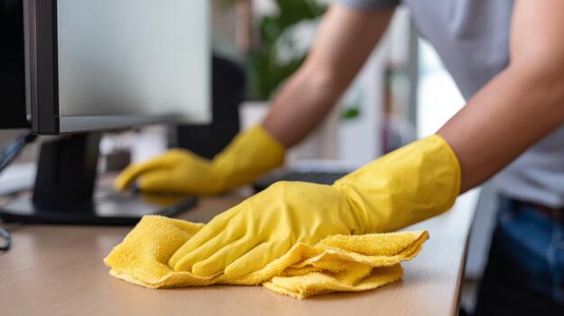 A person cleaning a desk with yellow gloves, focusing on a computer monitor, emphasizing cleanliness and organization. photo