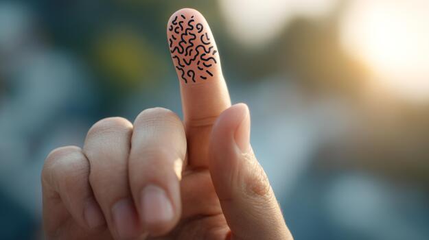 A close-up of a woman's hand with a finger decorated with whimsical doodles, creating a playful and creative vibe. photo