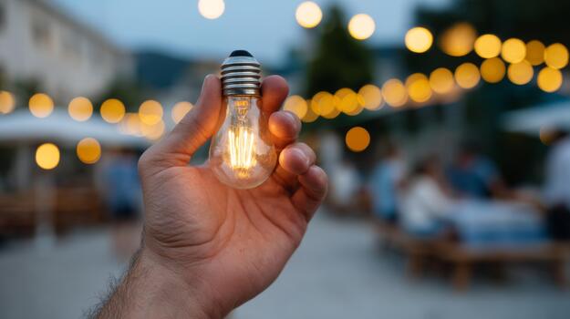un de cerca de un mano participación un brillante ligero bulbo en contra un fondo de borroso pequeño restaurante luces a oscuridad. foto