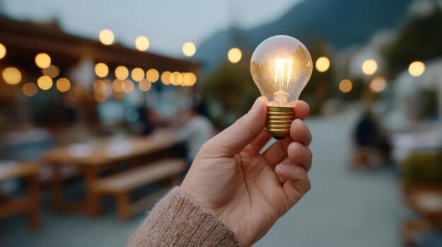 un mano sostiene un brillante Clásico ligero bulbo, rodeado por un acogedor al aire libre comida ajuste con suave bokeh luces en el antecedentes. foto
