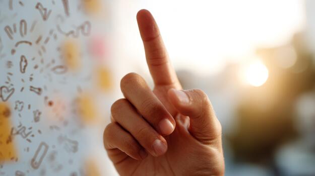 A close-up of a hand, raised with a single finger pointing upwards, against a softly blurred, bright background. photo