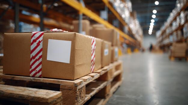 Close-up of brown cardboard boxes with red and white striped tape in a large warehouse. photo