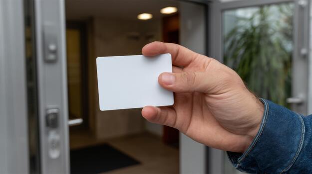 A hand holding a blank card, poised at an entrance, symbolizing access and possibilities in a contemporary setting. photo