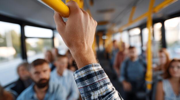 A close-up of a man's hand grasping a yellow pole inside a crowded bus, showcasing daily urban life. photo