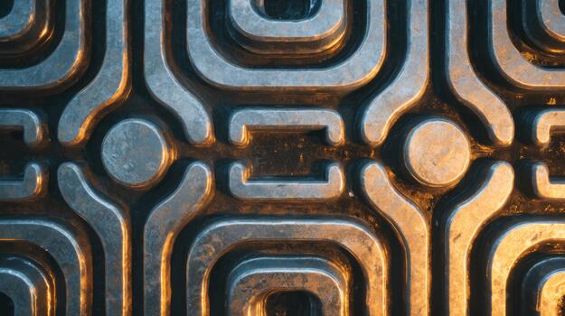 Close-up of an intricate metallic surface with geometric patterns and warm lighting, showcasing a blend of modern design and texture. photo