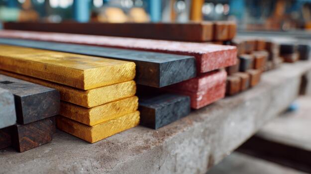 A collection of steel and wooden bars in various colors resting on a workbench, showcasing an industrial workshop setting. photo