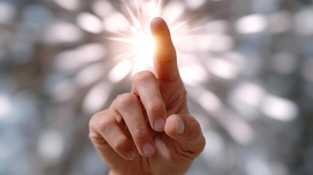 A close-up of a human hand with a pointed finger, radiating a soft, glowing light, symbolizing inspiration and creativity. photo