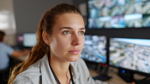 Focused female security analyst observing multiple monitors in a high-tech control room. photo