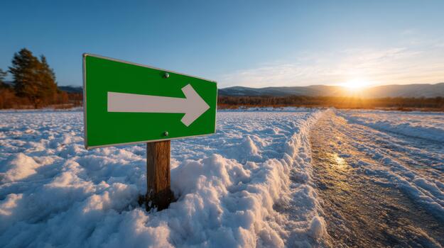 A clear green directional sign is positioned on a snowy path, guiding the way as the sun sets behind the mountains. photo