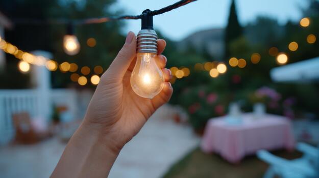 un de cerca de un mujer mano participación un brillante ligero bulbo en contra un borroso al aire libre configuración, creando un cálido, atractivo atmósfera. foto