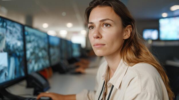 Focused young Caucasian female monitor operator analyzing data on multiple screens in a modern office environment. photo