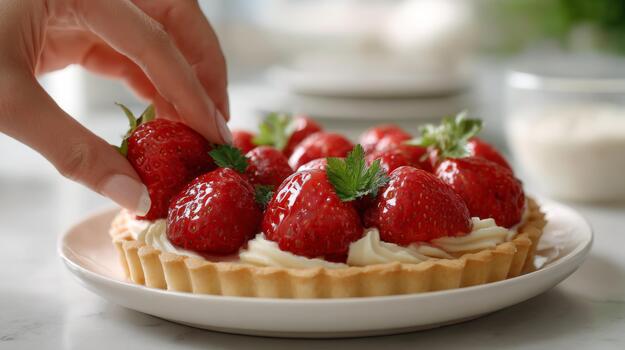 A close-up of a person's hand delicately adding fresh strawberries to a creamy tart, showcasing vibrant red hues and elegant presentation. photo