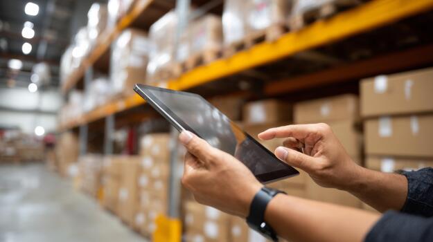 A man using a tablet to manage inventory in a warehouse filled with stacked boxes. photo