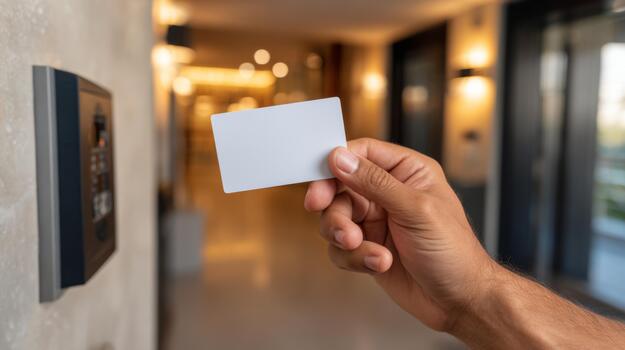A close-up of a man's hand holding a blank card near a hotel door card reader, illuminated by warm lobby lights. photo