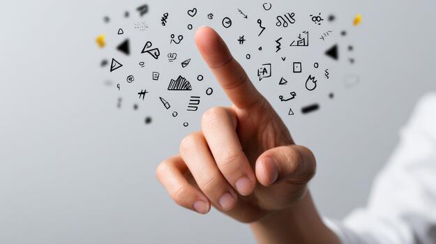 A close-up of a human hand signaling creativity, surrounded by colorful icons and symbols representing ideas and innovation. photo