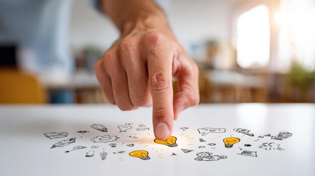 A close-up of a male hand pressing down on a bright lightbulb illustration, symbolizing creativity and innovation. photo