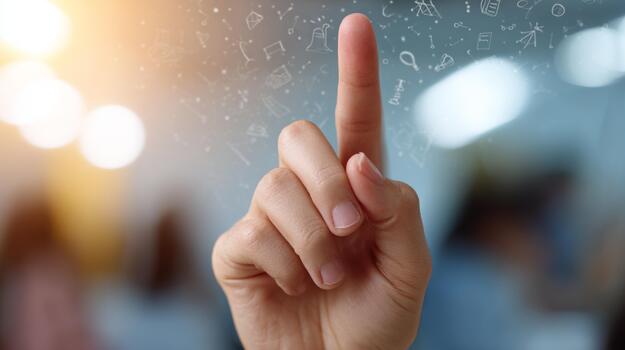 A close-up of a hand with a raised finger, symbolizing ideas and creativity in a modern workspace. photo