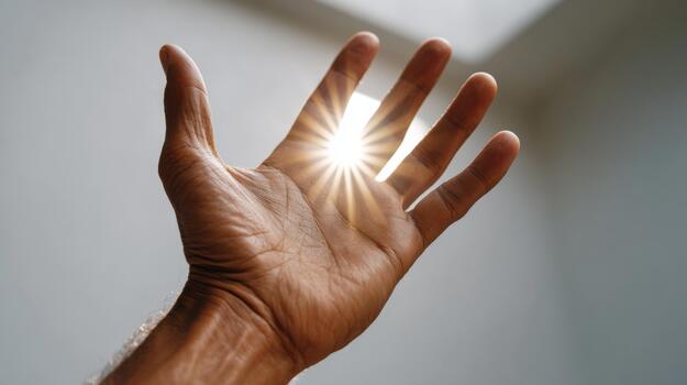 A close-up of a male hand raised, catching sunlight that forms a glowing starburst effect, symbolizing hope and positivity. photo
