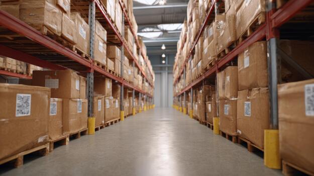 A spacious warehouse filled with neatly stacked cardboard boxes on wooden pallets, creating an organized storage environment. photo
