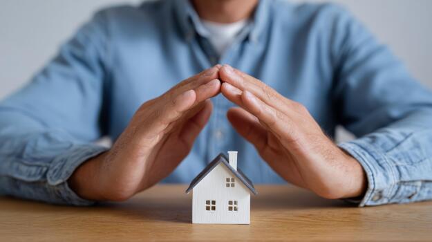 A close-up of a man protecting a miniature house with his hands, symbolizing security and homeownership. photo