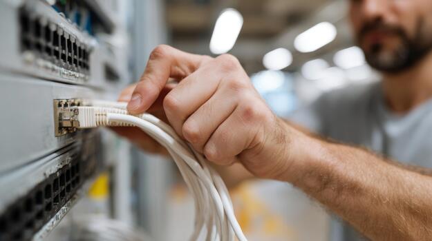 A focused male technician connects network cables in a data center environment, showcasing hands-on technical skills. photo
