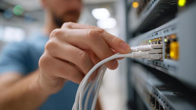 A man connects network cables to a server, showcasing the intricacies of data connections in a modern tech environment. photo