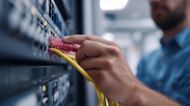 A male technician connects network cables in a server room, showcasing attention to detail and technical skill. photo