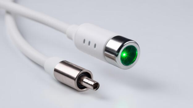 Close-up of a sleek white cable connector featuring a glowing green light, ideal for tech and gadget imagery. photo