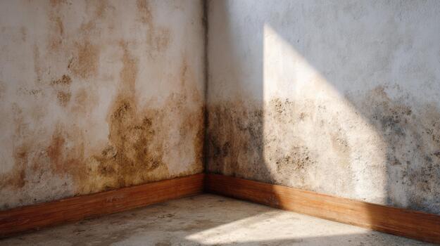 Deteriorating corner of an aged room, showcasing peeling walls and natural light illuminating the mildew-dotted surfaces. photo
