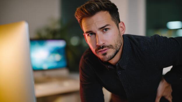 Focused male in a dark-buttoned shirt, working late in a modern office with soft lighting and a computer in the background. photo