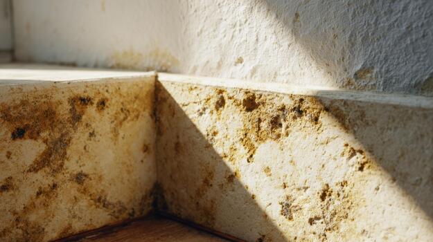 Close-up of a weathered stone surface with textured patterns and shadows, showcasing the natural aging process. photo