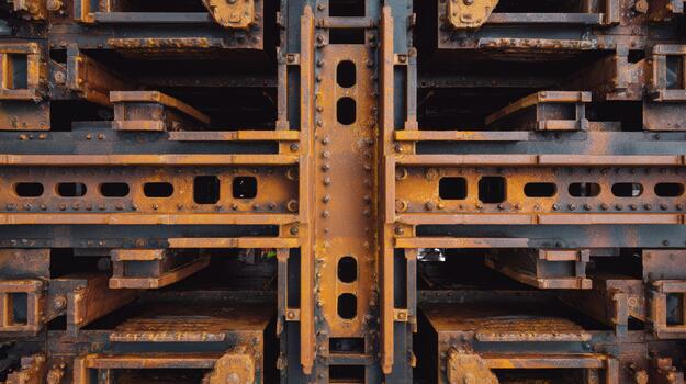Intricate metal framework displaying rusted textures and geometric patterns in warm tones. photo