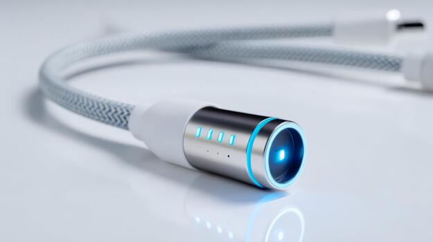 Close-up of a modern data cable with a sleek design and illuminated connector, showcasing technology and innovation. photo
