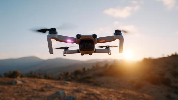A sleek drone in flight against a picturesque sunset with mountains in the background, capturing stunning aerial views. photo