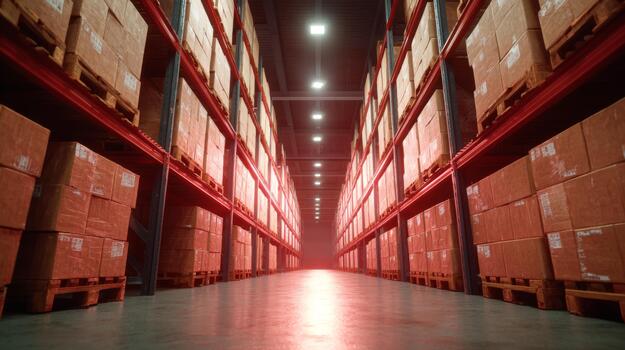 un gran angular ver de un moderno almacén lleno con pulcramente apilado cartulina cajas en paletas foto