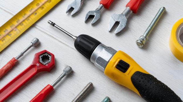 A collection of hand tools including wrenches, a screwdriver, and measuring tape, arranged on a white wooden surface. photo