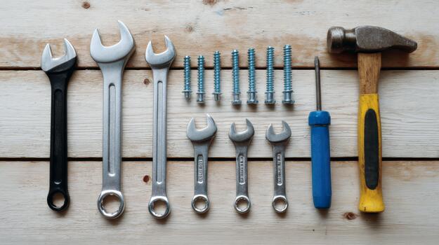 A collection of metal tools including wrenches, screws, and a hammer arranged neatly on a wooden surface. photo