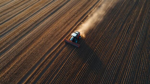 Aerial view of a tractor plowing a field, creating clouds of dust as it works the brown earth. photo
