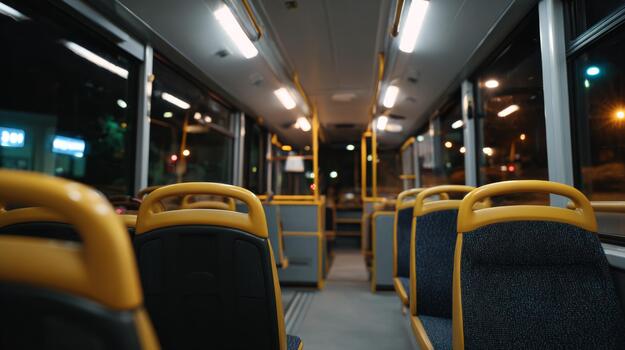 An empty bus interior at night, featuring yellow accents and dim lighting that create a serene atmosphere. photo