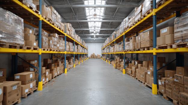 A spacious warehouse filled with neatly stacked cardboard boxes, creating an organized and efficient storage environment. photo