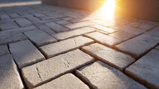 Close-up view of textured stone pavement with sunlight casting a warm glow, creating a serene outdoor setting. photo